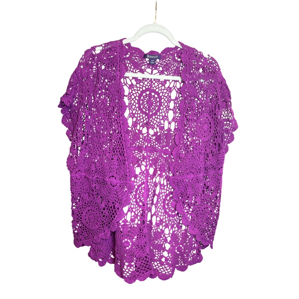 Roamans Magenta Crochet Open Front Vest Scallop Hem Plus Size 18/20 L